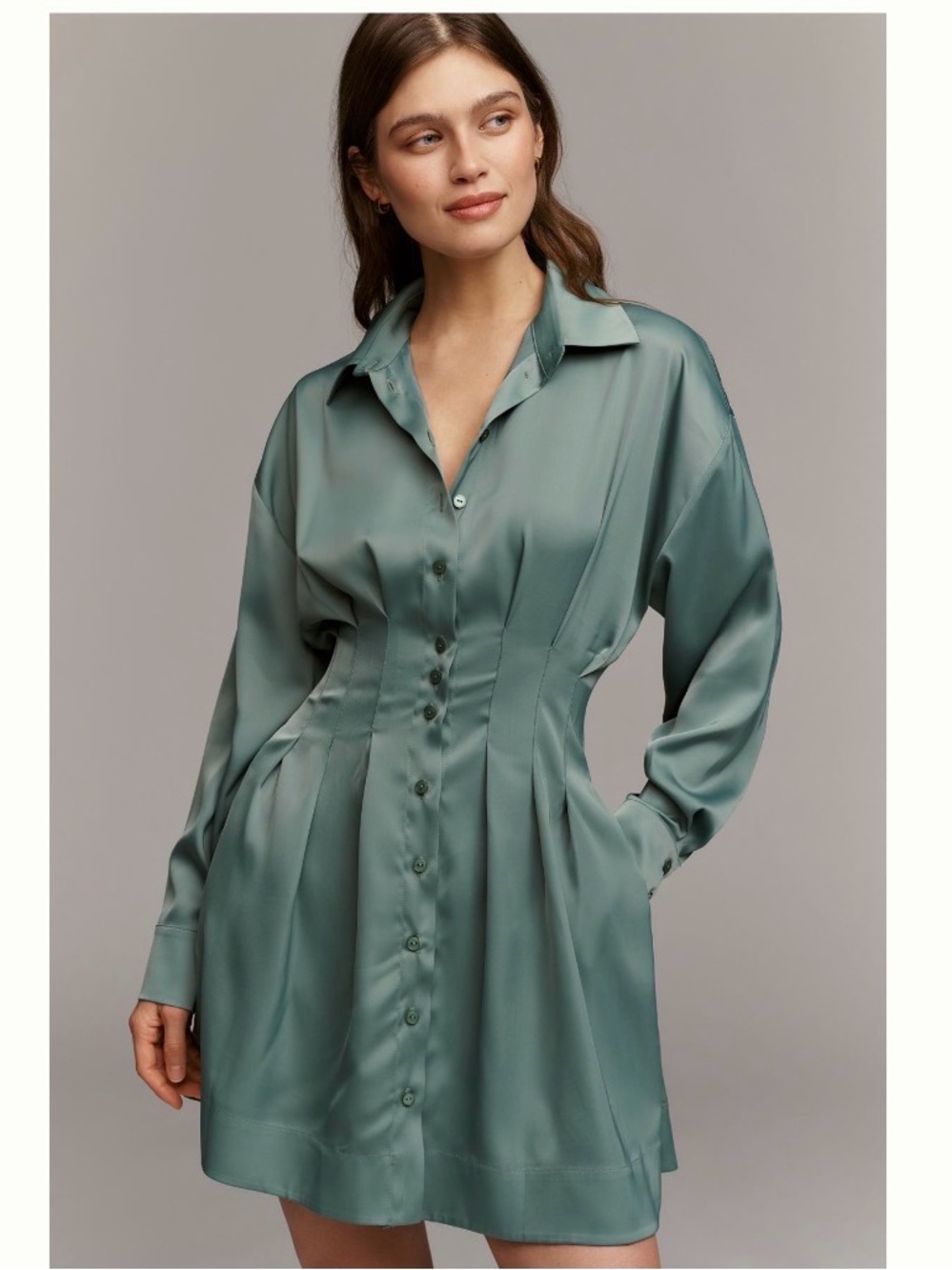 THE TOBIE LONG SLEEVE SATIN MINI SHIRT DRESS
